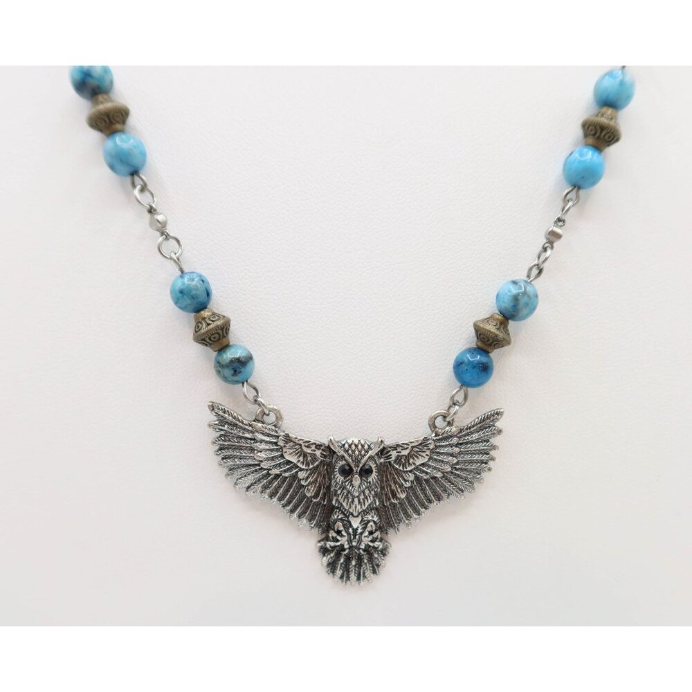 Flying Owl Silver Tone Beaded Pendant Necklace Faux Turquoise Station Boho - Picture 2 of 7
